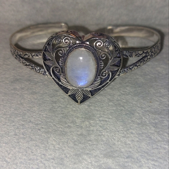 Moonstone Heart Vintage Style Adjustable Bangle Bracelet